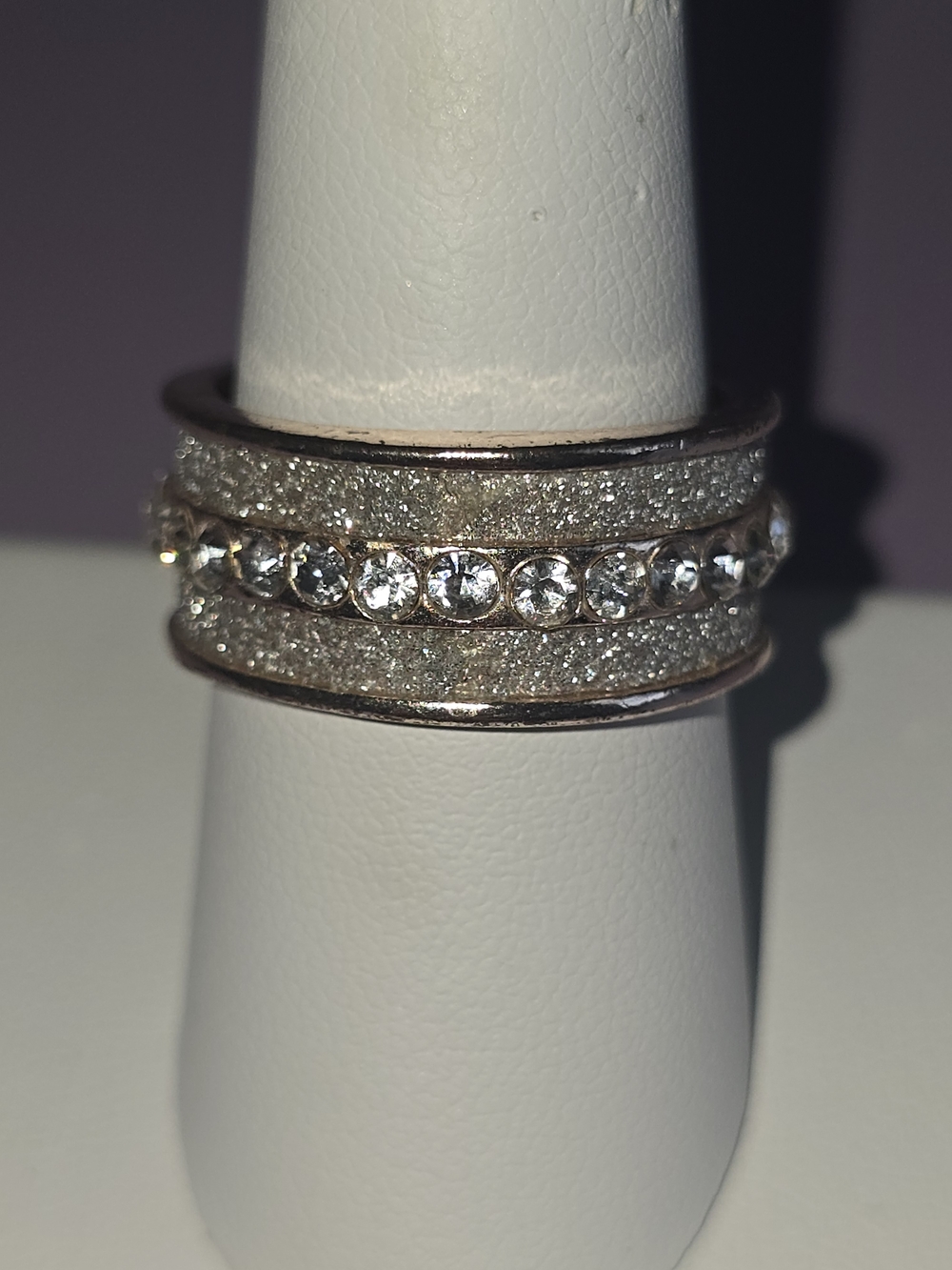 Glitter Band Ring with Clear Crystal Row in Rose Gold Tone, Size 9, Like New